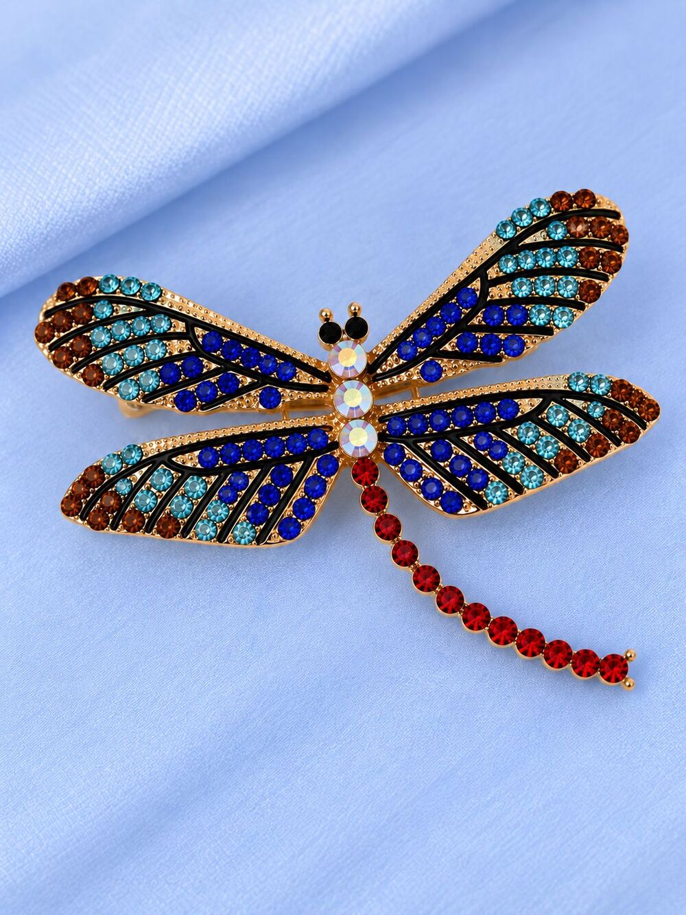 Dragonfly Brooch Pin Multicolor Rhinestones Gold Tone Blue Red Aqua Unmarked